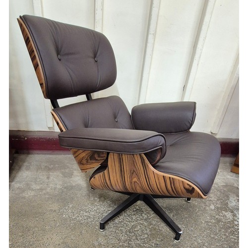 5 - A Charles & Ray Eames style simulated rosewood and brown leather revolving lounge chair and ottoman
