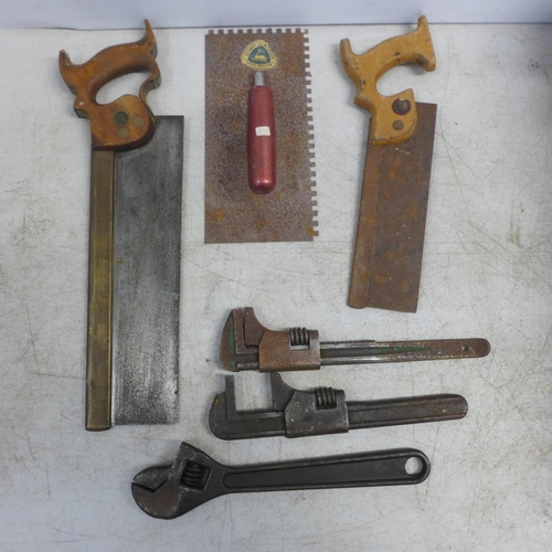 2027 - A large quantity of mixed hand tools including hack saws, pinhole saw, wood saws, Woden G-clamps, tr... 