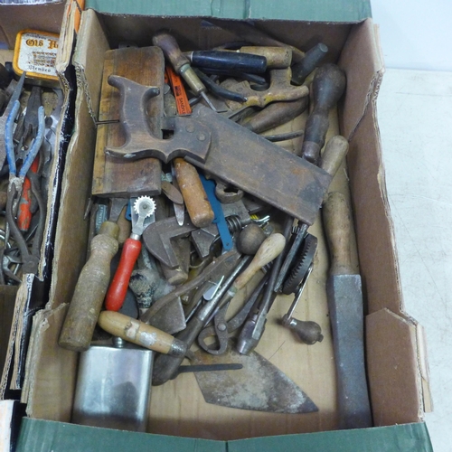 2034 - Three boxes of assorted hand tools and other items including a Wolf Garten CSA700 18v cordless elect... 