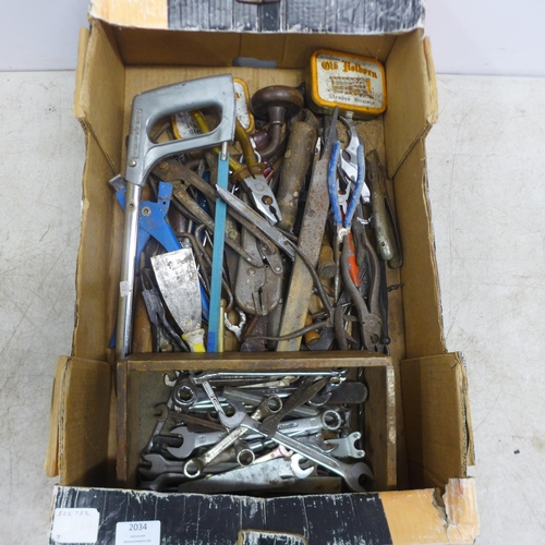 2034 - Three boxes of assorted hand tools and other items including a Wolf Garten CSA700 18v cordless elect... 