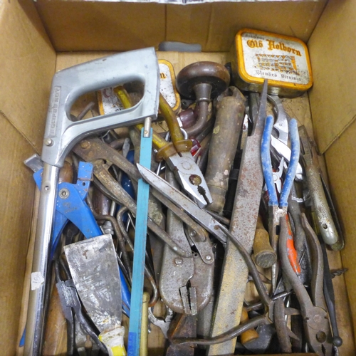 2034 - Three boxes of assorted hand tools and other items including a Wolf Garten CSA700 18v cordless elect... 