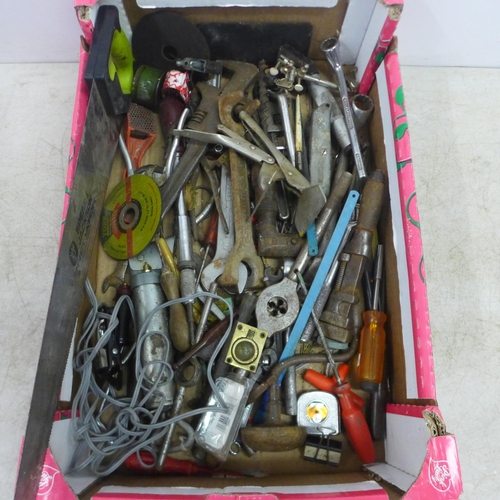 2034 - Three boxes of assorted hand tools and other items including a Wolf Garten CSA700 18v cordless elect... 
