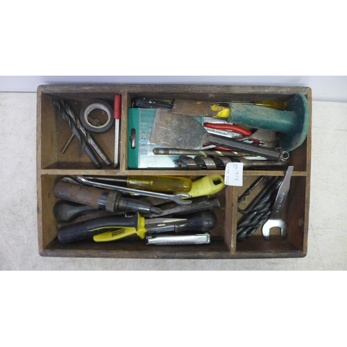 2035 - 2 trays of assorted hand tools including a hammer, a mini G-clamp, screwdrivers, wrenches, drill bit... 