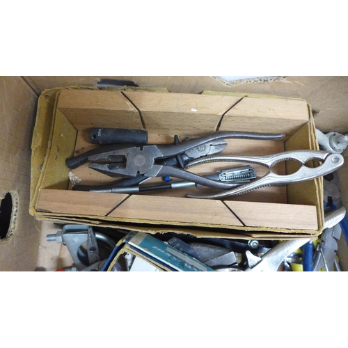 2065 - Two boxes of assorted hand tools including a Planemaster No.10 plane with original box and papers, w... 
