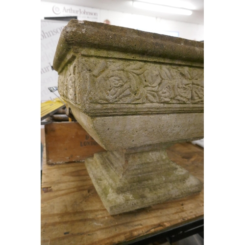 2302 - A large square stone effect concrete planter with pedestal base