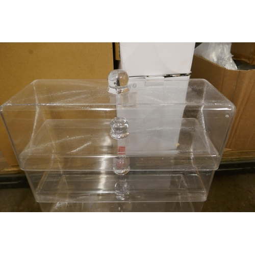 2310 - 10 clear plastic cake/dessert display containers, 2 stainless steel ice buckets and 6 glass bottles