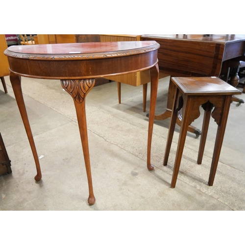 186 - A mahogany demi-lune side table and an Edward VII inlaid mahogany jardiniere stand