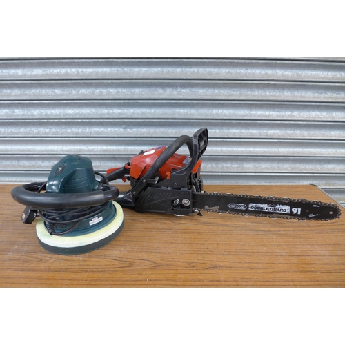 2173 - A Mountfield MC3720 petrol chainsaw and a 240v Halfords car polisher