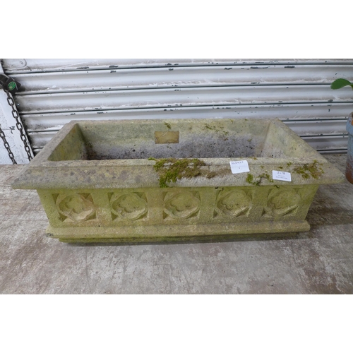 2178 - A Cotswold Range stone trough style planter and 3 garden gnomes