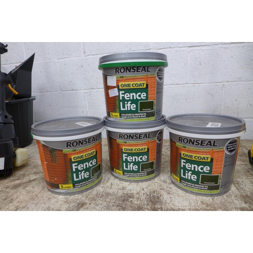 2183 - Four 5 litre tubs of Ronseal Forest green one coat fence life fence and shed protection paint