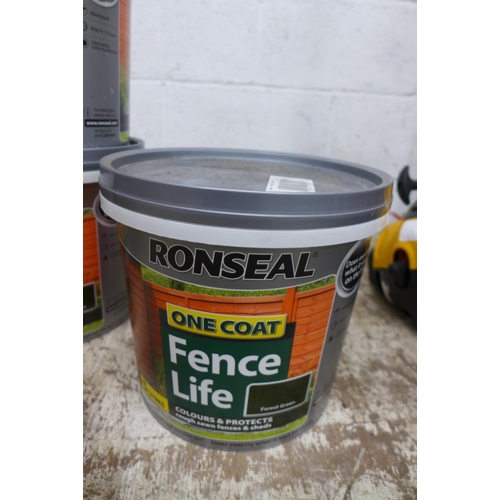 2183 - Four 5 litre tubs of Ronseal Forest green one coat fence life fence and shed protection paint