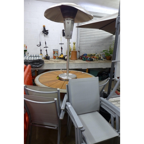 2206 - A circular metal framed, wooden topped garden table (approx. 140cm diameter) with a large Sahara Big... 