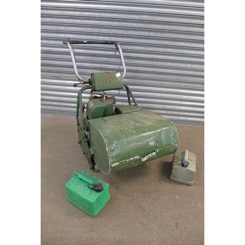 2212 - A vintage Atco petrol driven rotary lawn mower with 2 plastic 5 ltr fuel cans