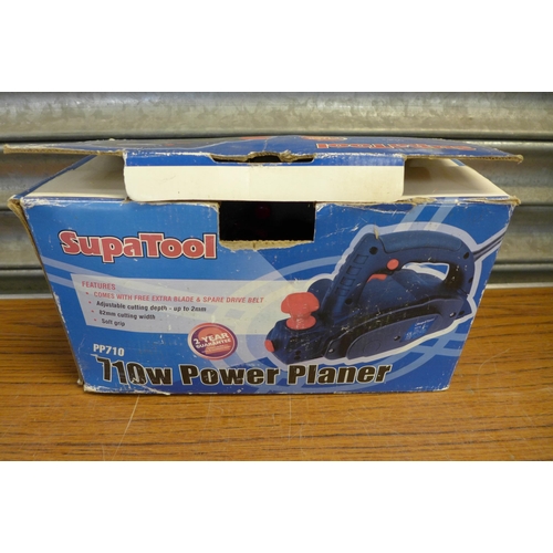 2245 - A Large black storage box with assorted power tools including a Supatool PP710 240v 710w power plane... 