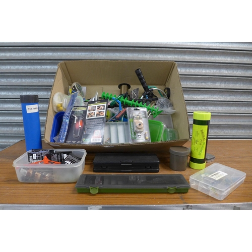 2271 - A box of assorted fishing equipment including boilies, lures, bite alarms, floats, fishing line, cat... 