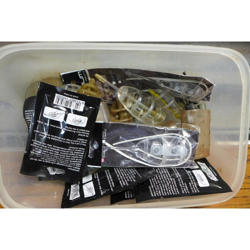 2271 - A box of assorted fishing equipment including boilies, lures, bite alarms, floats, fishing line, cat... 