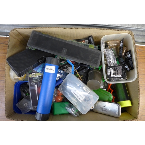 2271 - A box of assorted fishing equipment including boilies, lures, bite alarms, floats, fishing line, cat... 