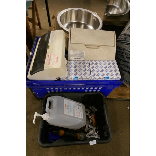 2303 - A box of electrical junction boxes and 2 stainless steel sinks with a box of assorted hand tools