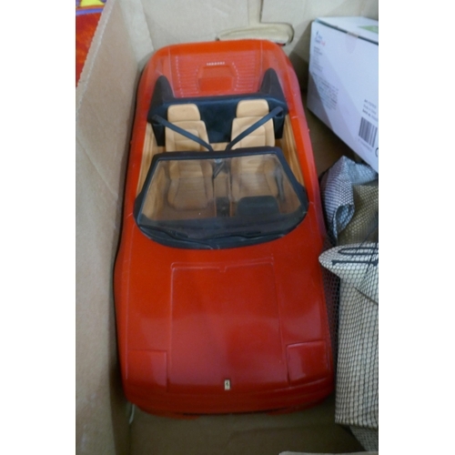 2308 - 2 body boards and a box of toys and games including two basketballs, a Ferrari model car, Twilight S... 