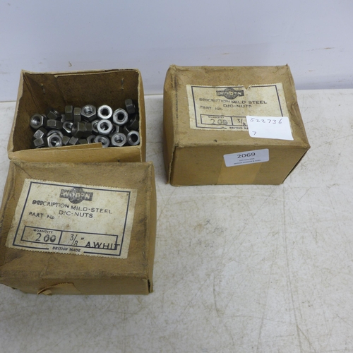 2069 - 2 boxes of approximately 200 Woden mild steel Whitworth nuts