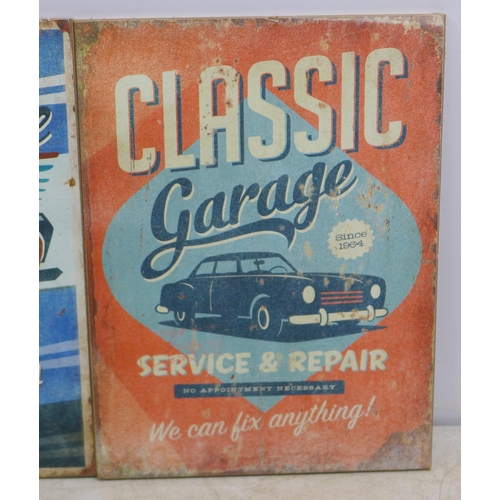 2077 - 3 motor vehicle related prints on boards including Gas Station, Classic Garage and Car Service