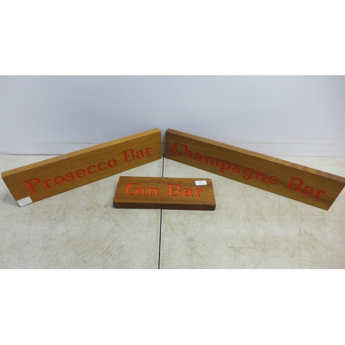 2092 - 3 wooden bar signs including Gin Bar, Prosecco Bar and Champagne Bar