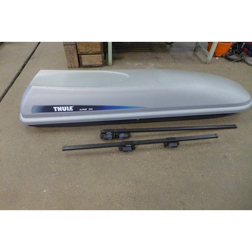 2280 - A Thule Alpine 500 roof box with a set and Halfords universal roof bars both with keys