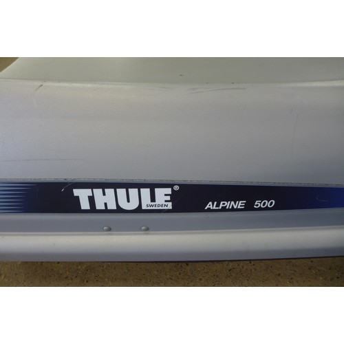 2280 - A Thule Alpine 500 roof box with a set and Halfords universal roof bars both with keys