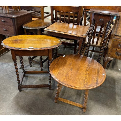 220 - Four carved oak barley twist occasional tables and a jardiniere stand