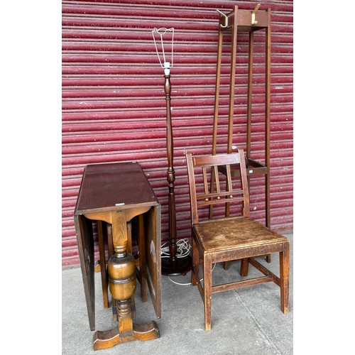 194 - A beech standard lamp, a chair, oak coat stand and an oak drop leaf table