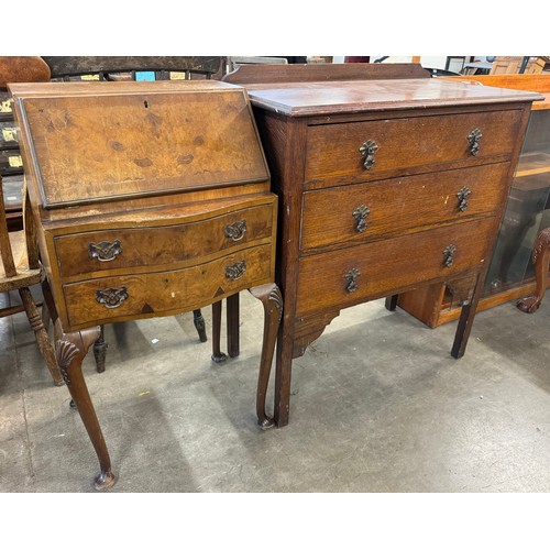 224 - A Queen Anne style walnut bureau de dame and an early 20th century oak chest of drawers