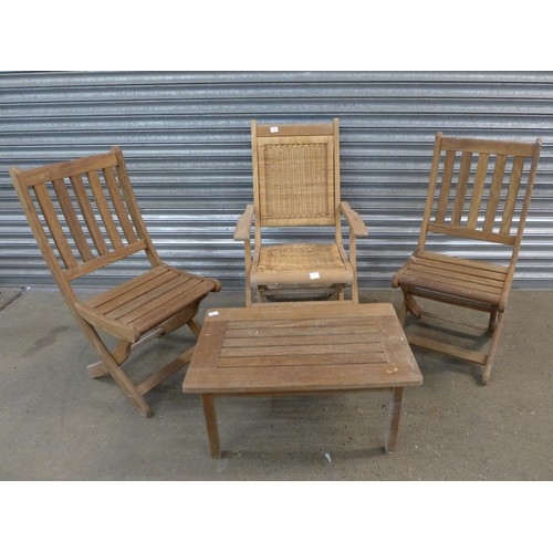 2155 - 3 teak folding garden chairs and a teak side table