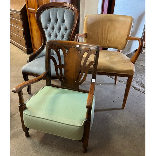 235 - An Art Deco beech fireside chair, a bedroom chair and an open armchair