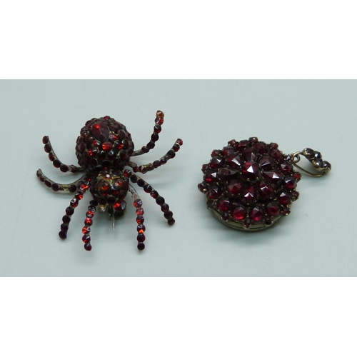 1001 - A Bohemian garnet spider brooch and locket