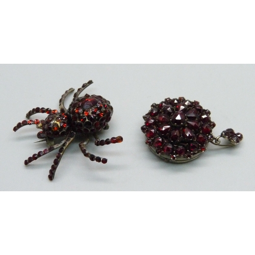 1001 - A Bohemian garnet spider brooch and locket