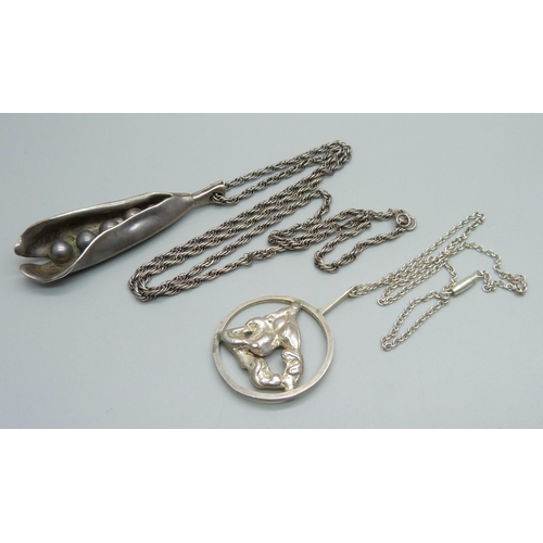 1009 - A vintage Modernist silver pendant and chain and one other marked VMK, 71g