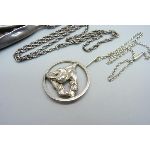 1009 - A vintage Modernist silver pendant and chain and one other marked VMK, 71g