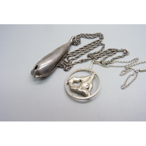 1009 - A vintage Modernist silver pendant and chain and one other marked VMK, 71g