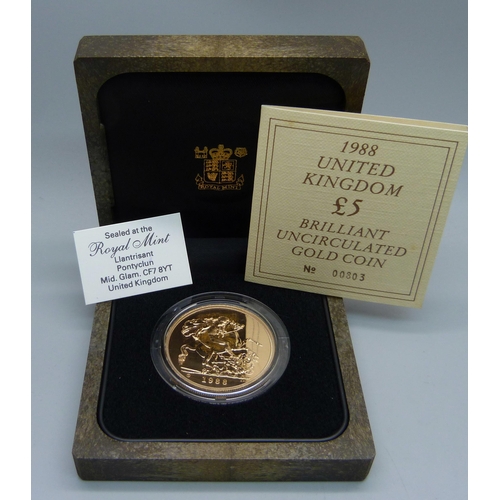 1019 - A Royal Mint 1988 UK £5 brilliant uncirculated gold coin, No. 00803