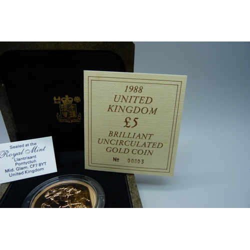 1019 - A Royal Mint 1988 UK £5 brilliant uncirculated gold coin, No. 00803