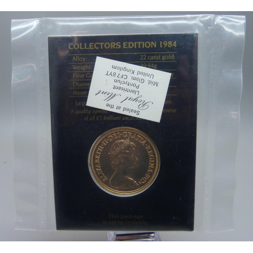 1021 - A Royal Mint UK five pound gold brilliant uncirculated coin, Collectors Edition 1984