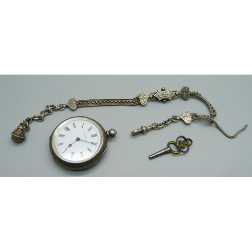 1052 - A silver fob watch and Albertina chain, fob watch lacking loop