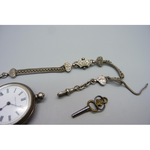 1052 - A silver fob watch and Albertina chain, fob watch lacking loop