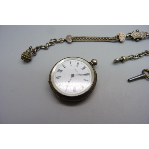 1052 - A silver fob watch and Albertina chain, fob watch lacking loop