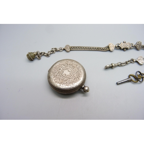 1052 - A silver fob watch and Albertina chain, fob watch lacking loop