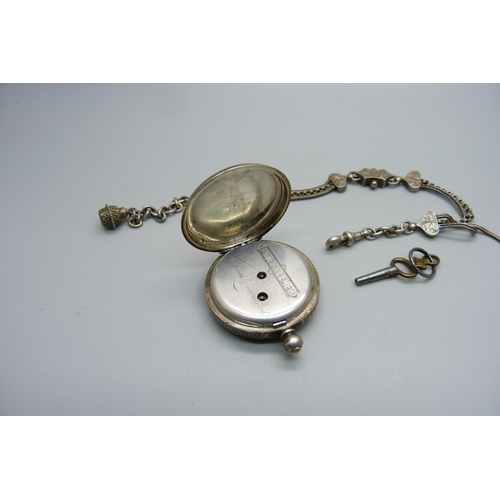 1052 - A silver fob watch and Albertina chain, fob watch lacking loop