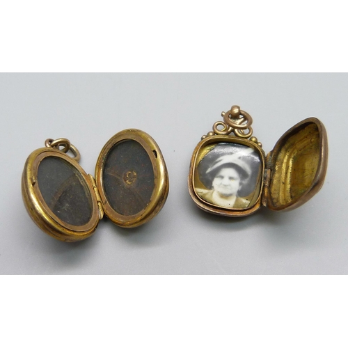 1060 - A locket with loop marked 9ct, 4.1g, a/f, and one other locket