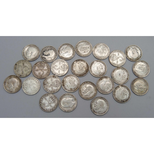 1070 - Twenty-five pre 1920 3d coins, 34.2g