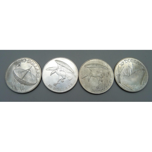 1074 - Four Singapura/Singapore silver coins; 1972 (.900 silver, 31g), 1979 (.500 silver, 31.2g), 1973 (.90... 