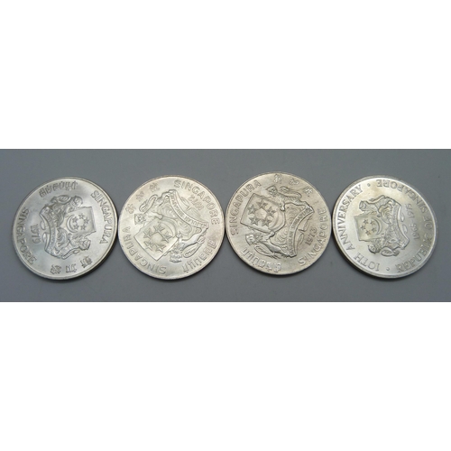 1074 - Four Singapura/Singapore silver coins; 1972 (.900 silver, 31g), 1979 (.500 silver, 31.2g), 1973 (.90... 